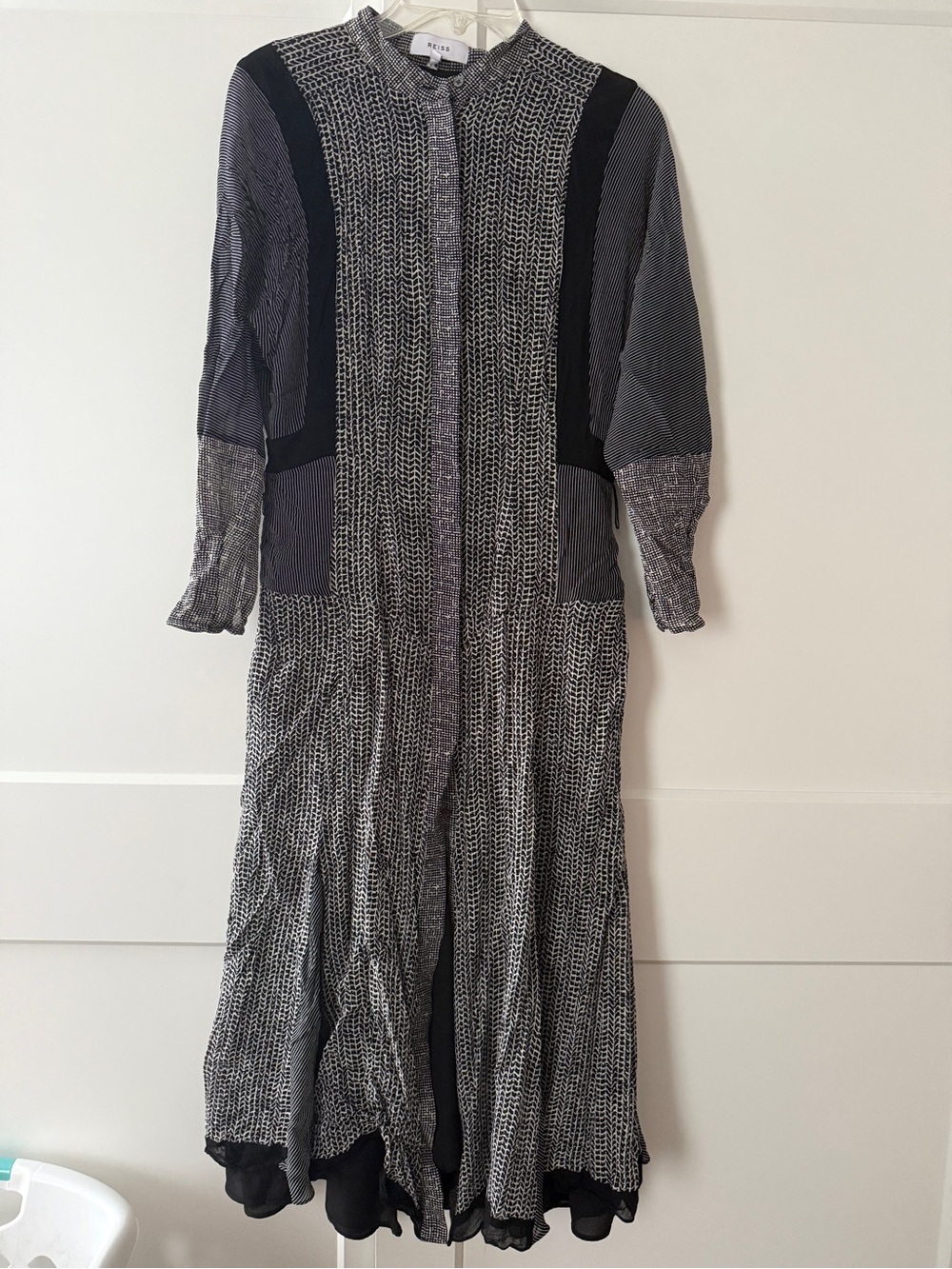 Reiss Tanis Mixed-Print Midi Dress Black White Sz 6 Minimalist Boho Whimsigoth